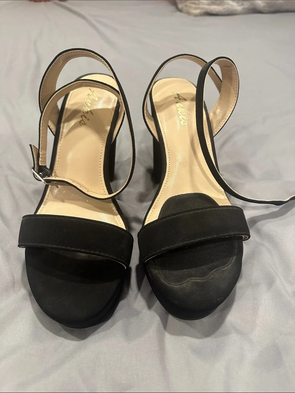 Size 7 Black Platform Slingback Heels stacked faux suede pinup vintage